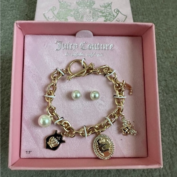 Juicy Couture Set Bee,Faux Pearl,Crown Toggle Bracelet & Faux Pearl Earring NIB - Picture 1 of 2